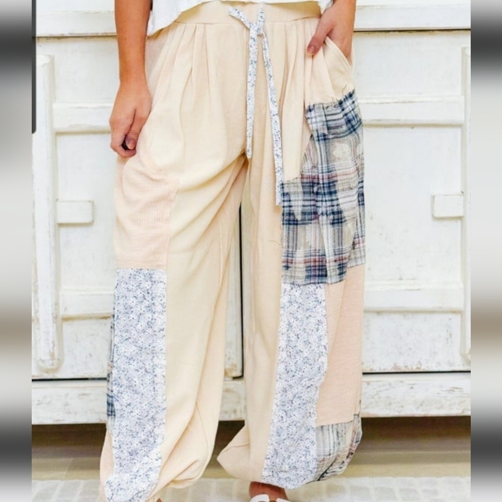 POL Patchwork Beige Women's Relaxed Jogger Pant Toasted Almond NEW